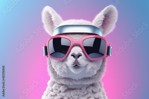 Generative AI illustration of kangaroo with a touch of tech wearing white virtual reality goggles stands against a soft pink backdrop photo