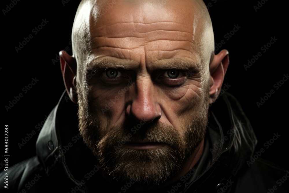 A man with a bald head confidently dons a black jacket, showcasing his stylish fashion choice. A man with a bald head confidently dons a black jacket, showcasing his stylish fashion choice.