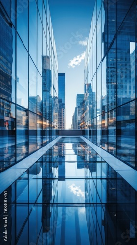 glass skyscraper reflecting the blue sky and surrounding buildings