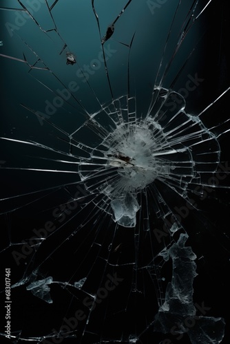 Shattered Laminated Glass Texture - Thriller, action, suspense, mystery concept - grain texture and dust scratches - bullet or punch hole - dark green shades