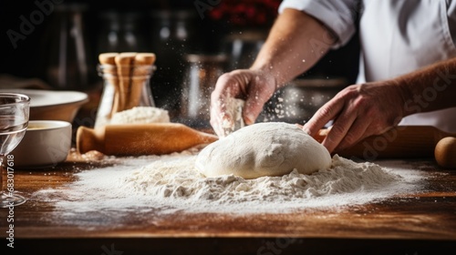 A candid shot of a baker dusting flour onto a work surface