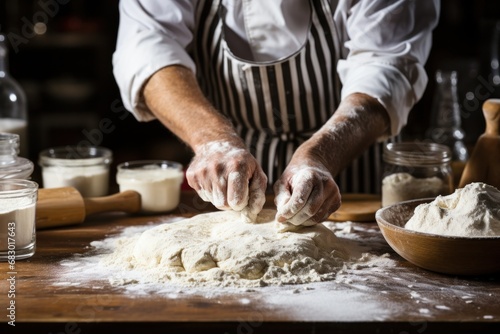 A candid shot of a baker dusting flour onto a work surface