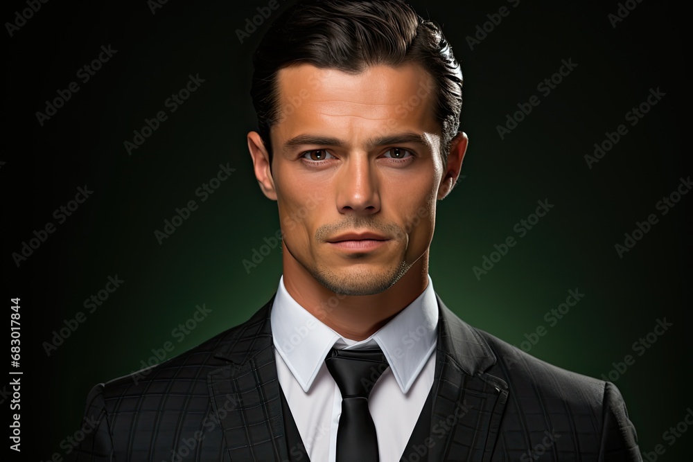 A man in a professional suit and tie stands against a dark background. A man in a professional suit and tie stands against a dark background.