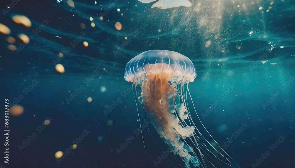 Jellyfish floating in the sea. Beautiful blue ocean life with sparkle ...