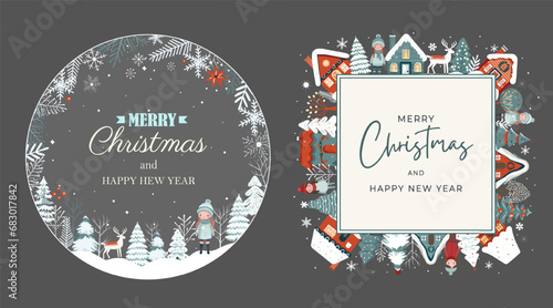 Set winter frames, card with scandi houses, trees. Concept christmas and New Year. Winter ornament poster