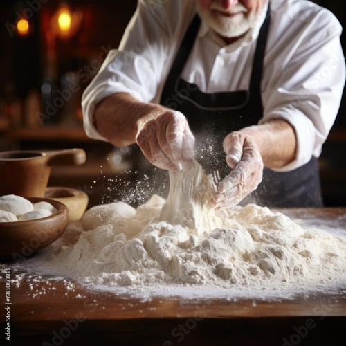 A candid shot of a baker dusting flour onto a work surface