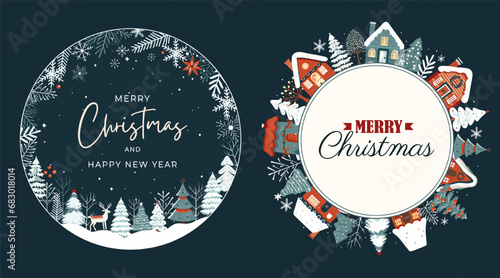 Winter card, frame with scandi houses, trees. Concept christmas and New Year. Winter ornament poster