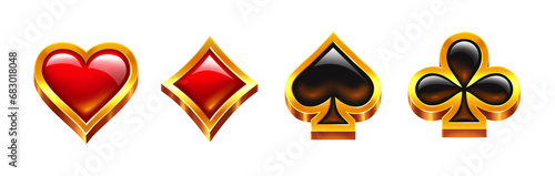 Card suit symbols. Volumetric symbols for gambling. Symbol of spades, clubs, diamonds, and hearts. Isolated on transparent background PNG. Shiny symbols with gold border photo