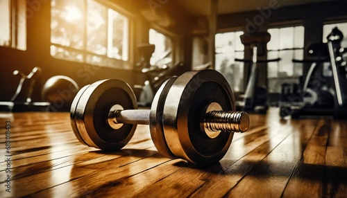 Pair of dumbbells on a wooden floor in a gym. Great for fitness, workout, and exercise concepts