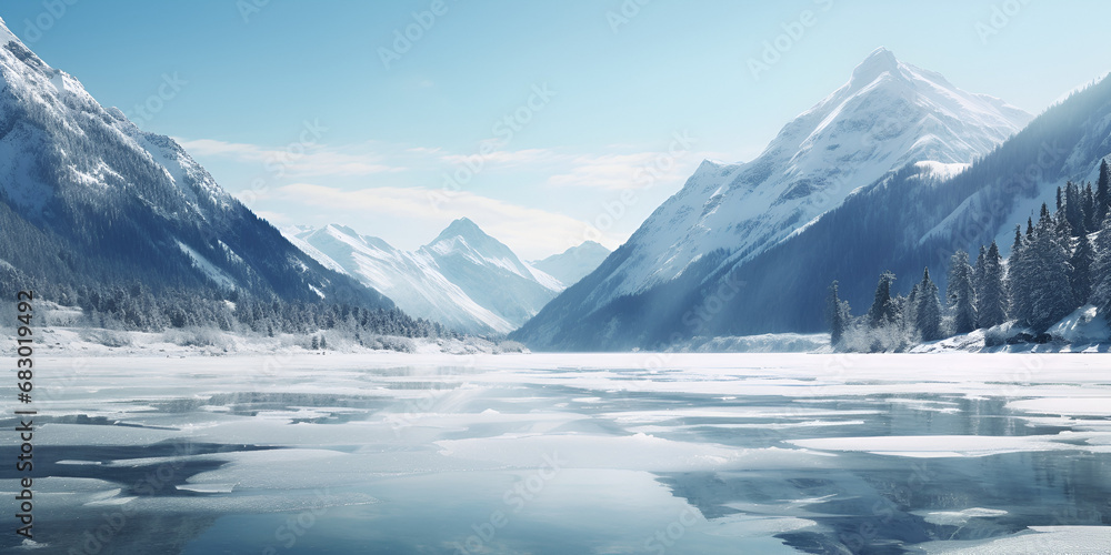 Frozen Tundra, glacier icecaps and frozen lakes with snow-covered mountains in autumn-winter over, A snowy landscape with a frozen lake and distant mountains, generative AI

