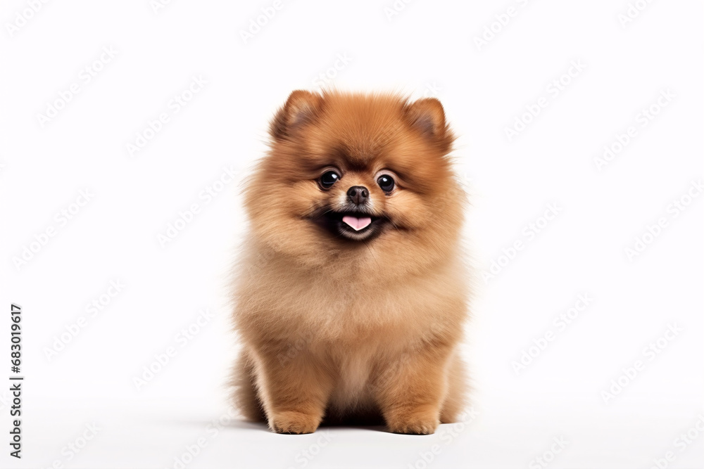 A solitary, fluffy canine on a pristine, white backdrop.