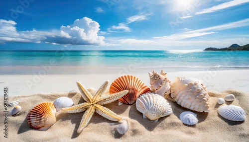 Seashells and starfish on the beautiful tropical beach and sea with blue sky background. Summer vacation concept © Marko