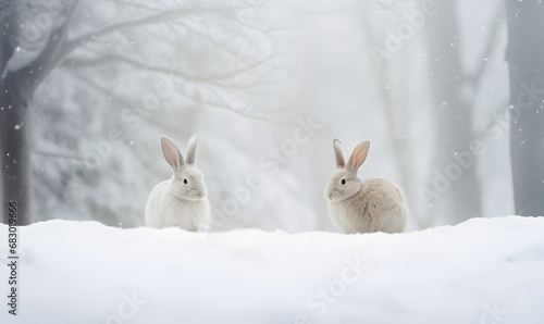 Two cute white rabbits in the winter forest on the snow. Little hares with winter fur on a snowy meadow. Photo of winter wildlife animals and nature. Banner for card, poster, print with copy space. photo