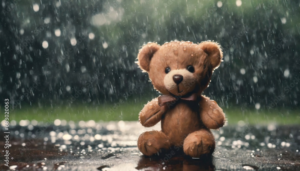 Small brown teddy bear standing in the rain, concept feelings of nostalgia and longing Small brown teddy bear standing in the rain, concept feelings of nostalgia and longing