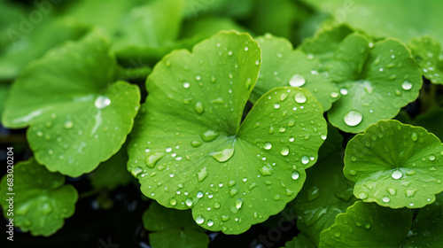 A drop of rain isolates green-topped, centella asiatica leaves. photo