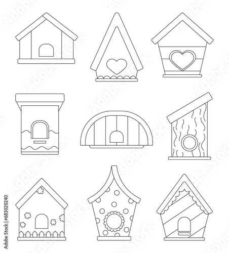 Crafted birdhouse with feeder. Coloring Page. Wooden house for bird. Hand drawn style. Vector drawing. Collection of design elements.