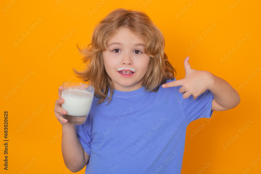 Dairy milk. Kid drink milk with funny emotions on yellow background ...