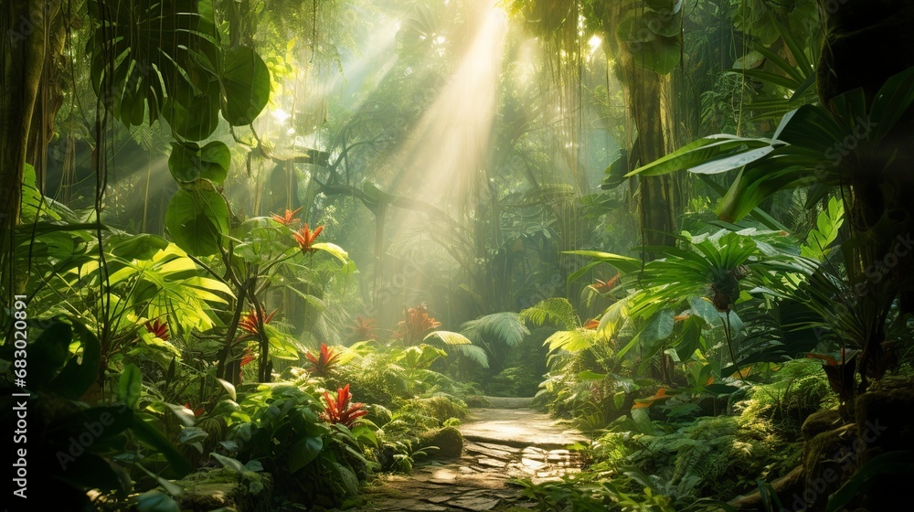 tropical forest with beautiful and vibrant green color in the leaves of ...