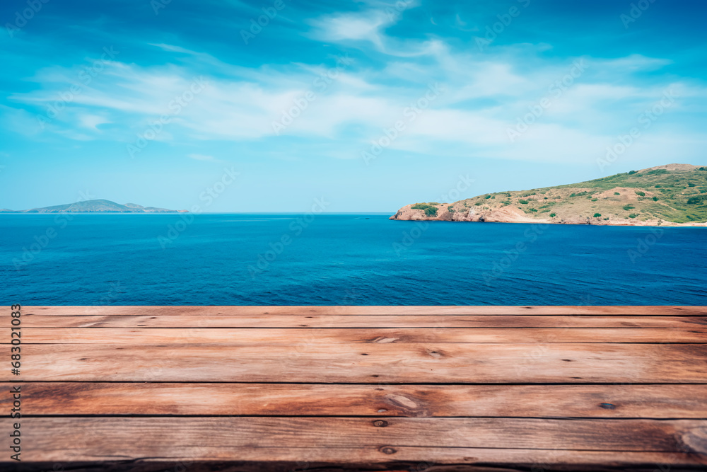 A wooden table set against the backdrop of the sea, an island, and the blue sky.Empty space for text. Bright image. A wooden table set against the backdrop of the sea, an island, and the blue sky.Empty space for text. Bright image.