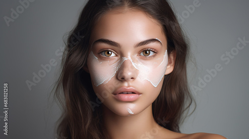 Young woman beautifies her complexion with daily facial skincare, applying a rich cream.
