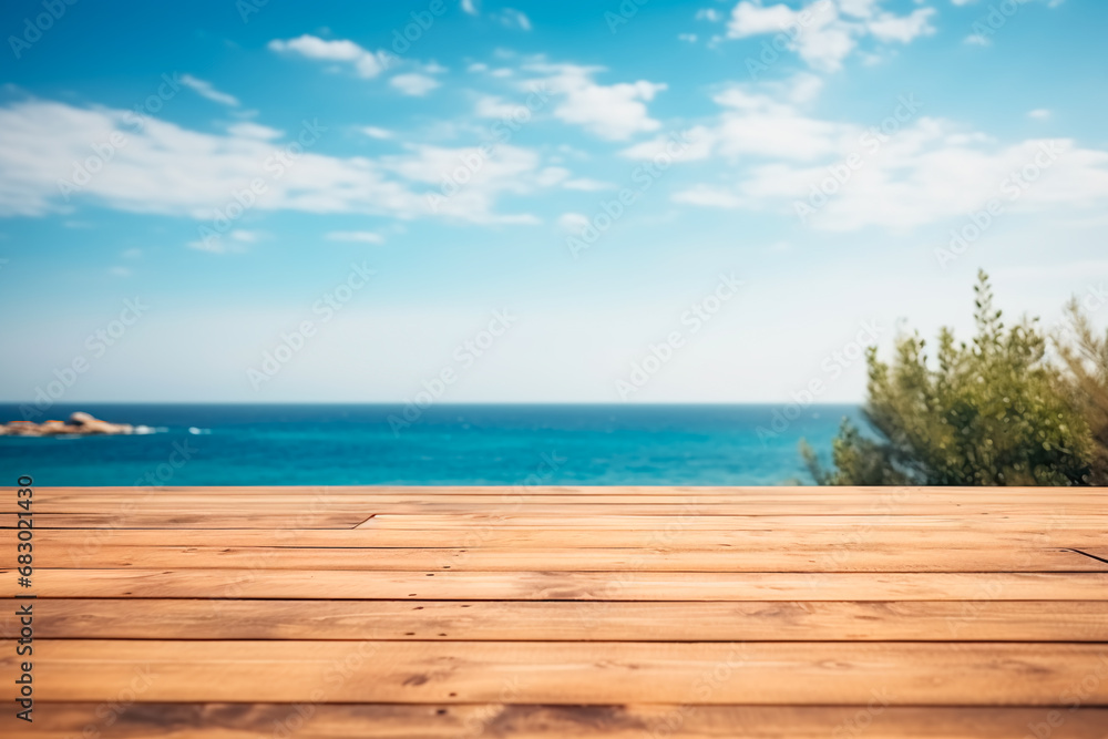A wooden table set against the backdrop of the sea, an island, and the blue sky.Empty space for text. Bright image.