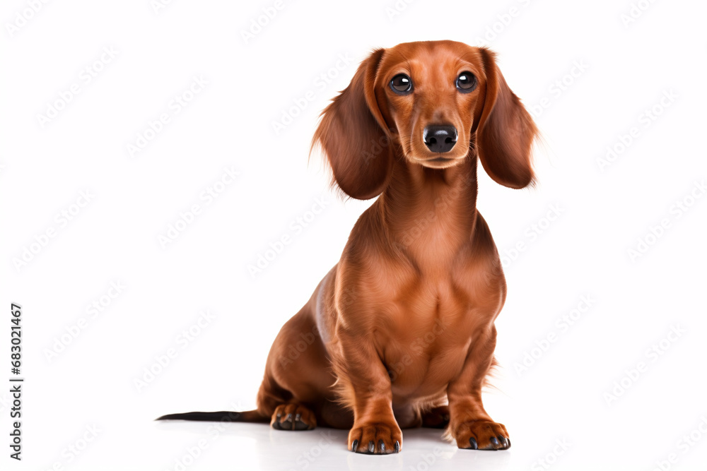 A Dachshund pooch perched in a secluded spot on a white surface.