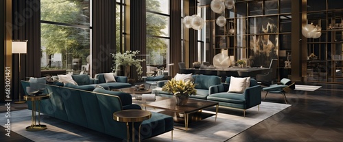 Compose an image of an executive lounge blending luxurious textiles and polished metals.