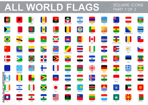 All world flags - vector set of square icons. Part 1 of 2