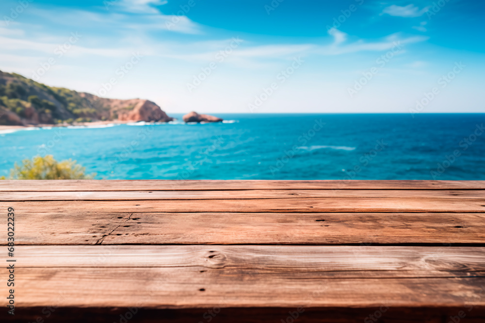 A wooden table set against the backdrop of the sea, an island, and the blue sky.Empty space for text. Bright image. A wooden table set against the backdrop of the sea, an island, and the blue sky.Empty space for text. Bright image.