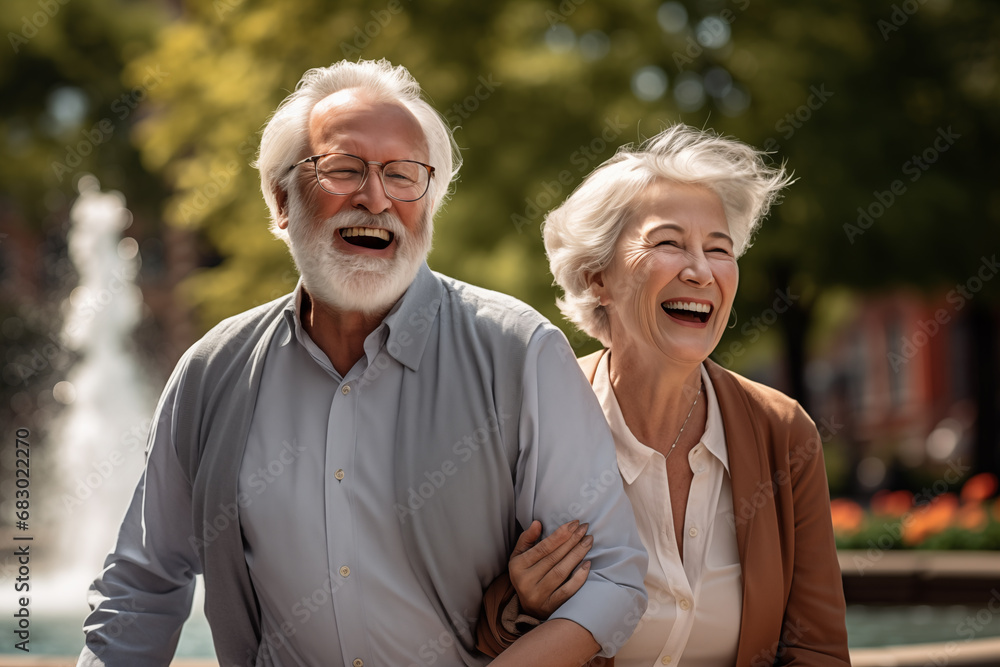 Portrait of a Caucasian retired couple arm in arm walking down the street laughing in a funny way. Senior citizen concept Portrait of a Caucasian retired couple arm in arm walking down the street laughing in a funny way. Senior citizen concept