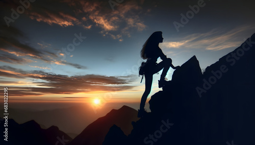 Drei Bergsteiger als Silhouetten auf einem Gipfel bei Sonnenuntergang, symbolisieren Teamarbeit und Erfolg photo