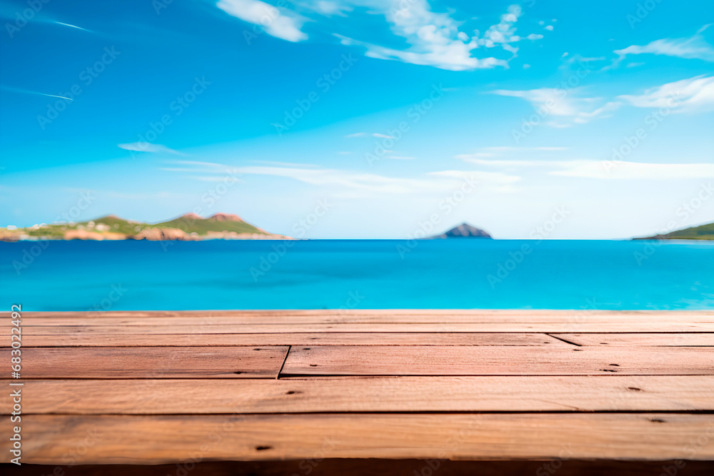 Fototapeta premium A wooden table set against the backdrop of the sea, an island, and the blue sky.Empty space for text. Bright image.