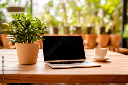 Wooden table featuring a laptop with a white empty screen  accompanied by a cup of coffee  enhanced by the vibrant backdrop of a blurred potted plant.