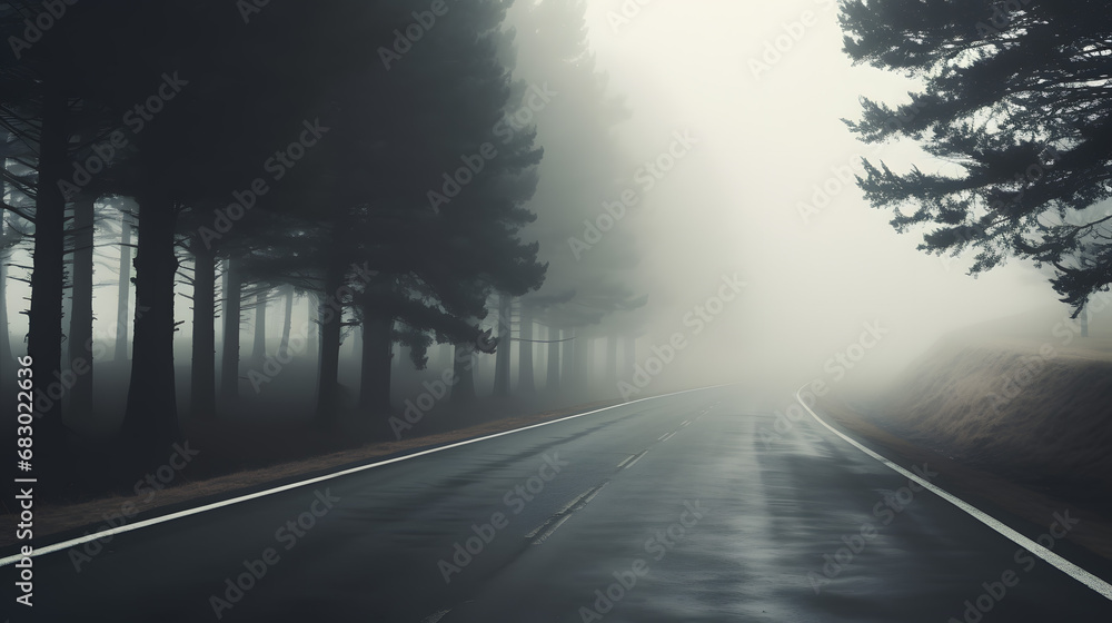 Misty Road Through Forest Mysterious Journey Concept