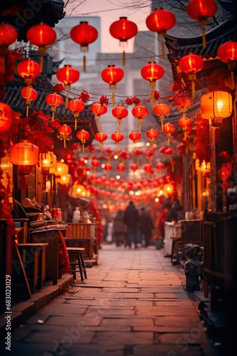 illuminated street decorated with Chinese lanterns in the new year