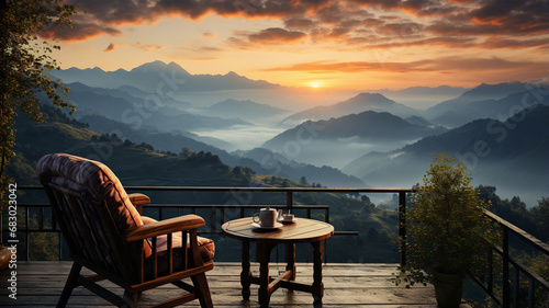 Wooden chair and table with mountain view © Vahagn