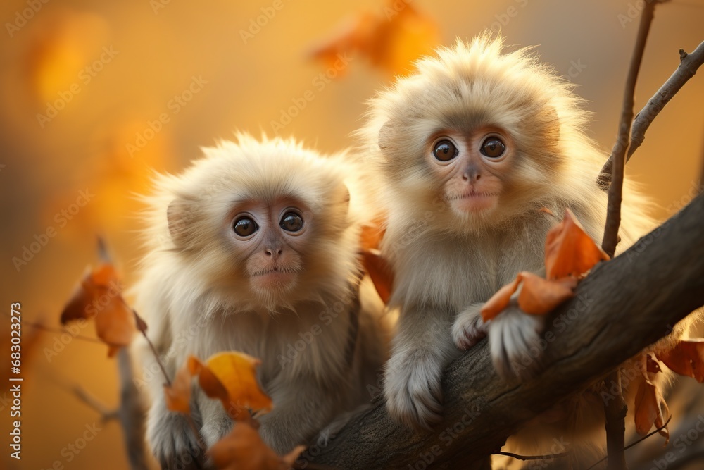 cute monkeys sitting on the trunk of a tree cute monkeys sitting on the trunk of a tree