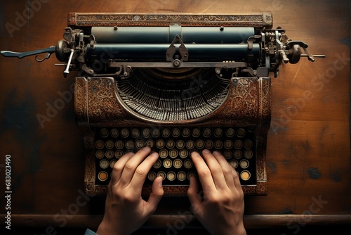 hands of a mature person typing on an old typewriter