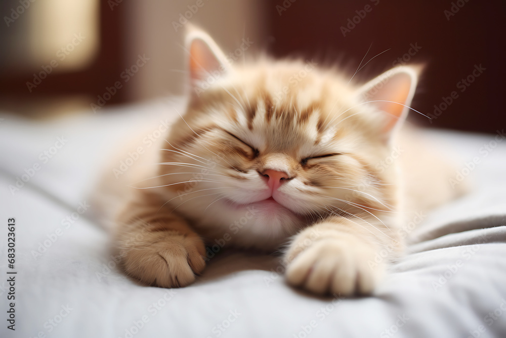 Satisfied red tabby kitten sleeps on a light blanket