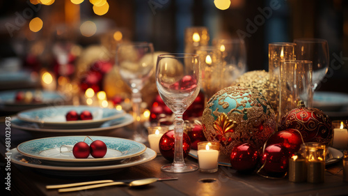 Exquisite Christmas Dining Table Decor, Festive Holiday Dinner Setup, Elegantly Adorned - AI-Generated