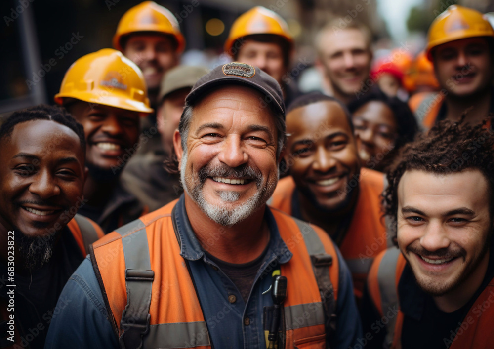 Diverse group of happy construction worker with helmets standing on construction site.Macro.AI Generative. - obrazy, fototapety, plakaty 