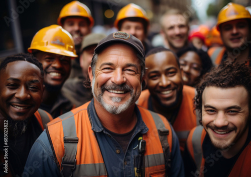 Diverse group of happy construction worker with helmets standing on construction site.Macro.AI Generative.