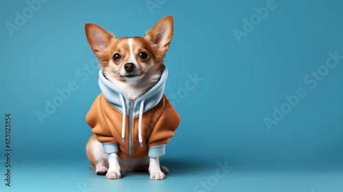 Little cute dog in hoodie on blue background © kobeza