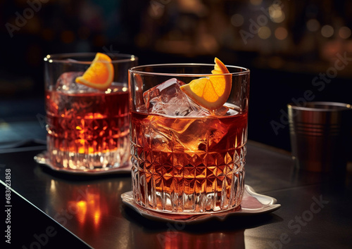 Two glasses of negroni cocktail with orange slice on bar table background.Macro.AI Generative.