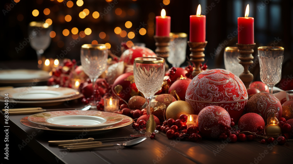 Exquisite Christmas Dining Table Decor, Festive Holiday Dinner Setup, Elegantly Adorned - AI-Generated