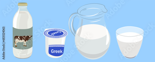 a bottle of milk, a jug of milk, a glass of milk and a jar of yogurt in vector. objects in the semi-realistic style. objects for the design of a website application, leaflet, booklet, advertising and 
