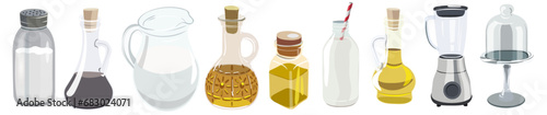 large set of glassware in vector. items in semi-realistic style. blender, salt shaker, mug, jar, bottle. Butter, milk, soy sauce. objects for design of advertising and packaging.