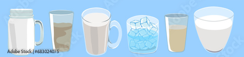 set of glasses in vector. objects in semi-realism style. mug with milk, glass with ice, ice cubes. objects for design of website application, leaflet, booklet, advertising and packaging.