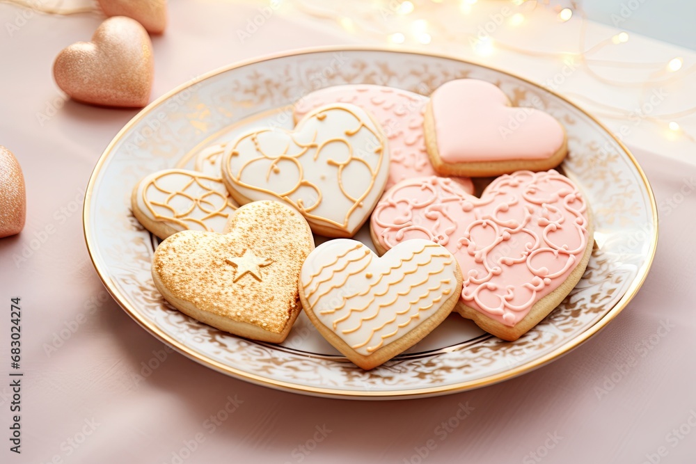 Pink, soft colored cookies in heart shape. Cookies with sugar icing in pastel colors in a plate. Delicious pastry. Candles, lights in the background. Soft romantic lighting for passion and love, Pink, soft colored cookies in heart shape. Cookies with sugar icing in pastel colors in a plate. Delicious pastry. Candles, lights in the background. Soft romantic lighting for passion and love,