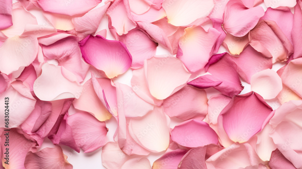Rose petals of a rosy hue desiccated on a creamy backdrop.